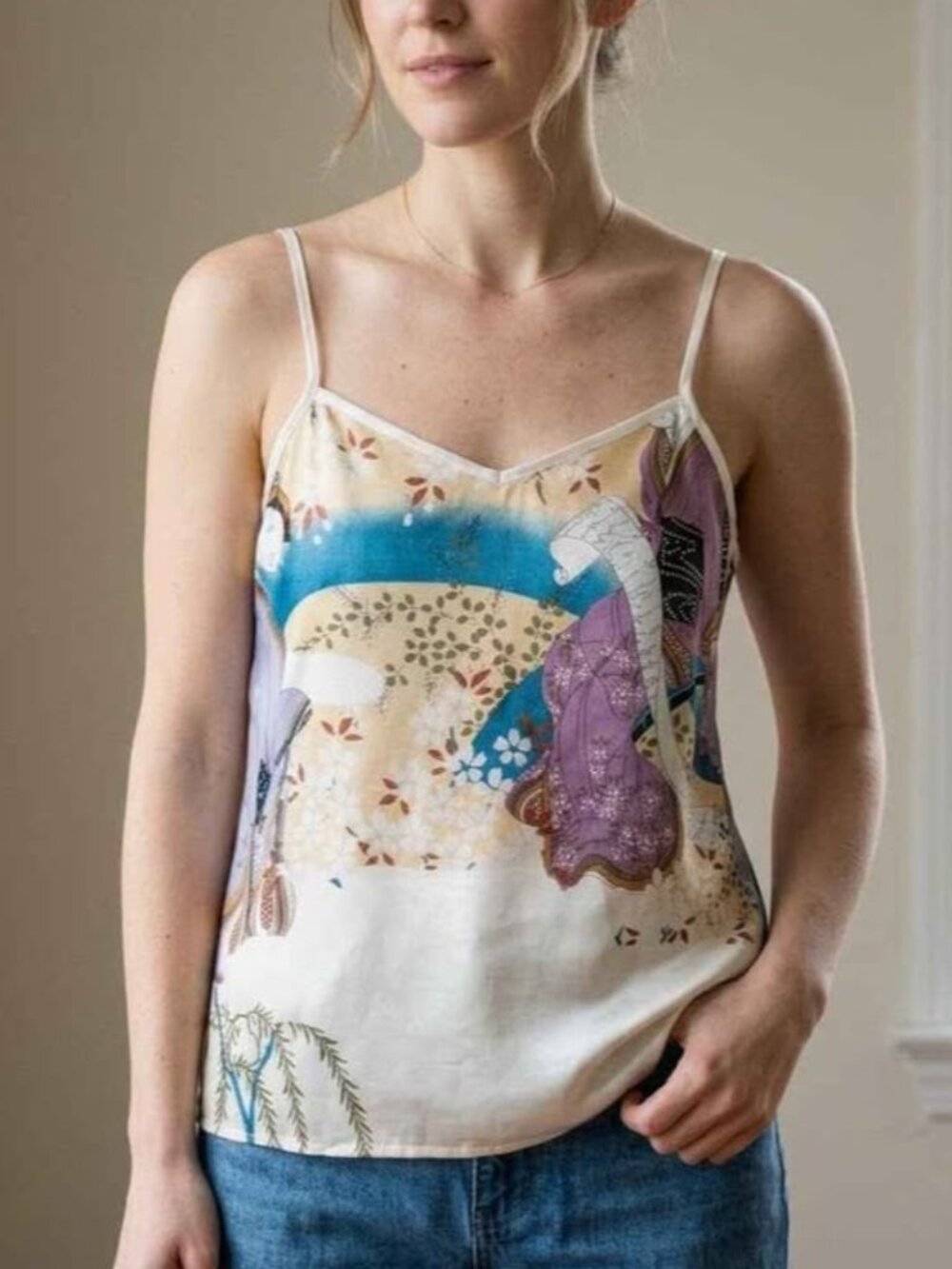100% Silk Japanese Art Print Camisole Tank Top Beige Purple Y2K Small